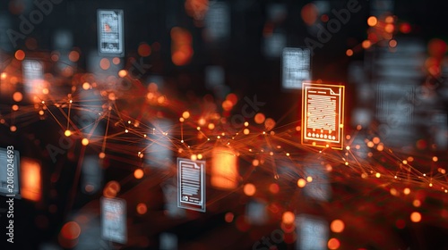 Digital data files linked by a glowing orange network