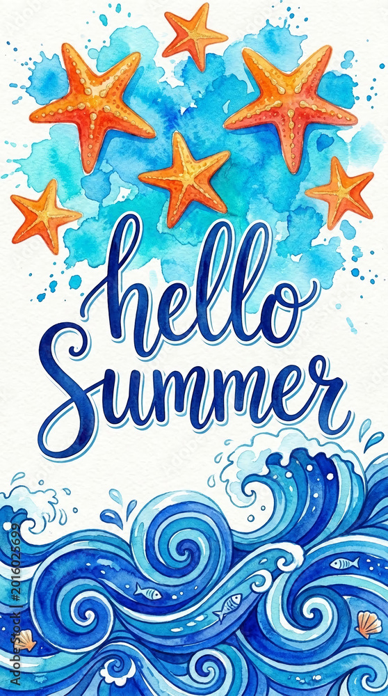 Obraz premium Watercolor illustration of orange starfish and blue waves with 