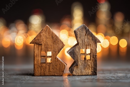 Two wooden house halves, split, with blurred city lights background
