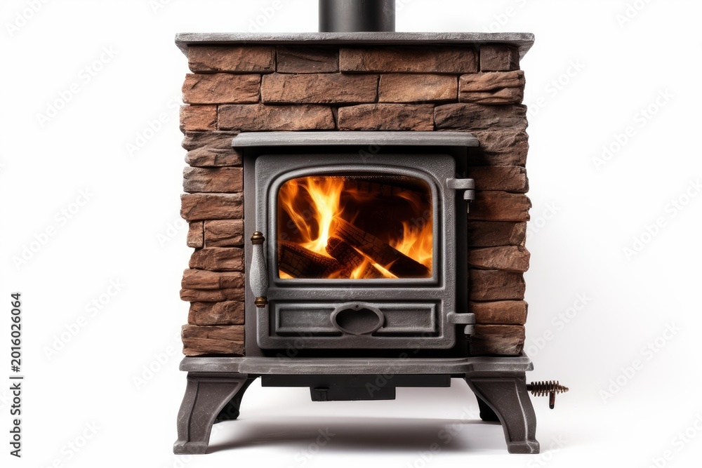 Naklejka premium Wood burning stove warming a room with visible flames behind glass