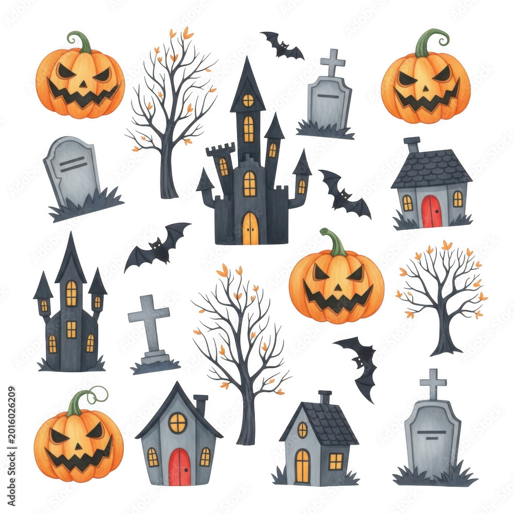 Fototapeta premium Collection of halloween watercolor elements isolated on transparent background