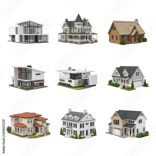 Collection of nine various architectural house styles isolated on transparent background