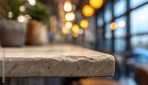 Close-up textured stone counter in a softly lit, blurred indoor setting