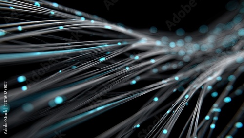 Abstract network of glowing strands and light points, digital flow