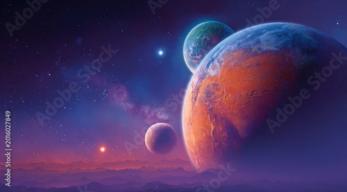 A cosmic vista with swirling nebulae, three planets, and distant stars