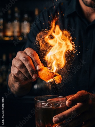 Bartender squeezing a flaming orange peel over a cocktail to create a fire burst