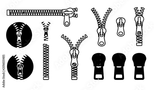 Minimal zipper icon set vector flat and outline clothing fastener symbols isolated on white