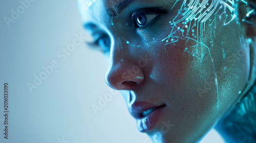 Close up portrait of a female android with glowing blue light patterns and electronic circuitry on her skin, concept of high tech robotic humanoids and advanced bio-engineering.