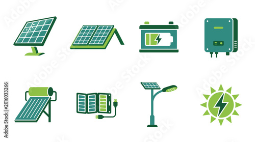 Solar power energy icons set green color scheme