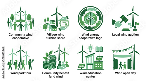 Wind energy community icons set green color scheme
