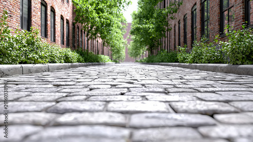 Cobblestone alley with brick building, green tree, and natural light