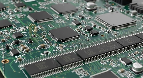Close-up of a green circuit board with various electronic components.