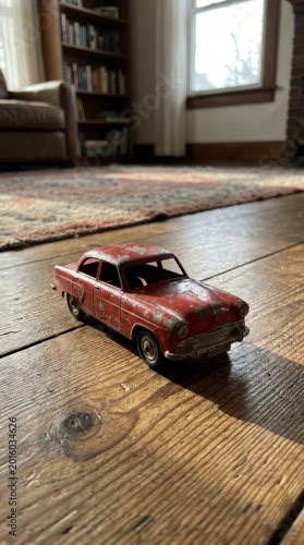 Vintage red toy car on wooden floor