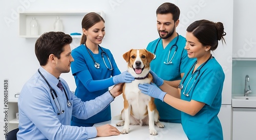 Veterinarians examine a happy dog in a bright, modern clinic setting.