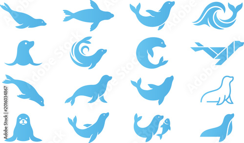 Canvastavla Set of blue seal and sea lion icons depicting various poses and actions in water and on land