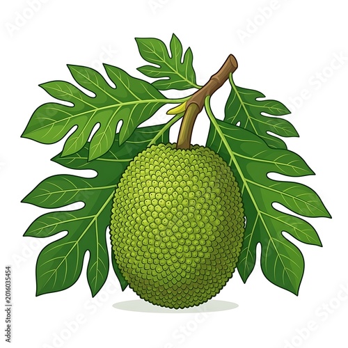 Breadfruit with green leaves illustration.