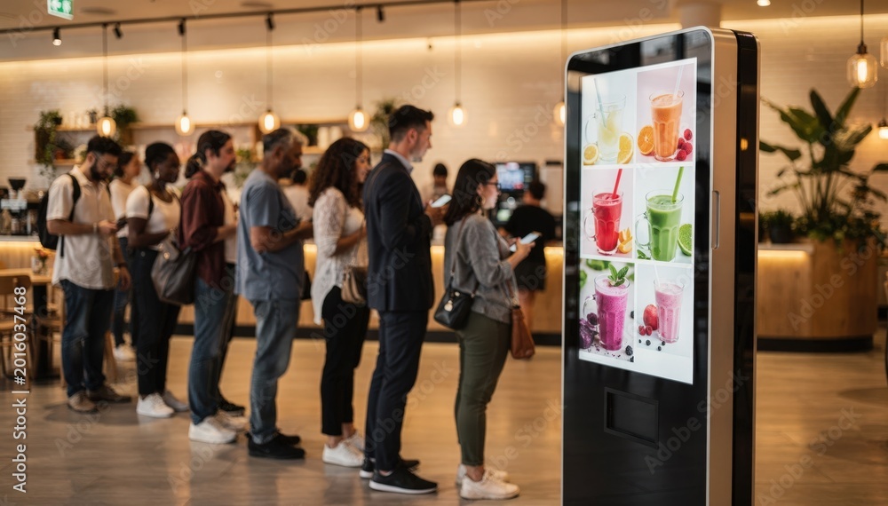 Fototapeta premium Queue of diverse customers waiting in line near a sleek digital selforder drink kiosk showing colorful tea and smoothie options on the screen.