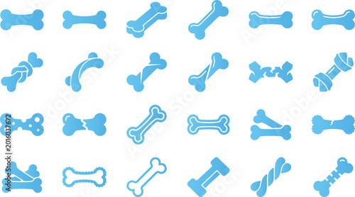 Tableau sur toile Various blue bone icons representing different dog toys, shapes, and playful dog activities