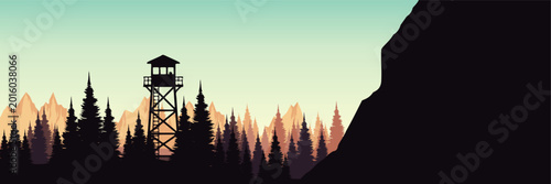 Foto Peaceful sunset mountain panorama with watchtower for outdoor adventure design