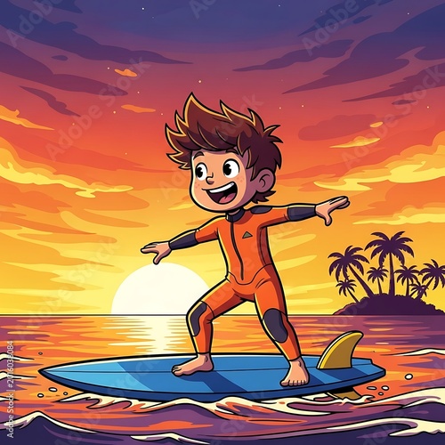 Young Surfer Rides the Waves at Sunset - A Vibrant Illustration.
