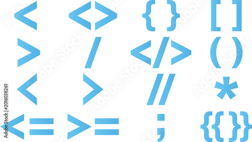 Photos Set of blue programming and mathematical symbols for coding and logic on white background