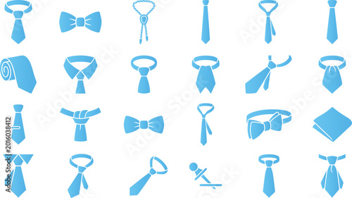 Foto Blue icons of various tie knots and bow ties for men's fashion and formal wear