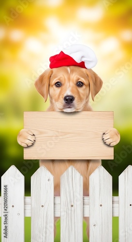 Adorable puppy wearing a hat holding a blank sign over a white fence.