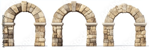 Three ancient stone archways with classic masonry, architectural detail isolated on white background.