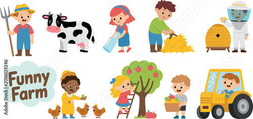Fotografía Large vector collection of cute cartoon children farmers working with animals tr
