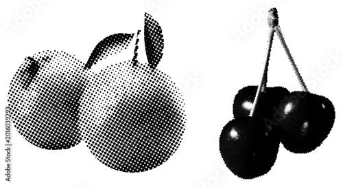 Halftone Black and White Apples and Cherries Illustration Isolated