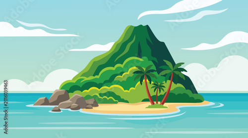 Schilderij op canvas Tropical island with mountain and palm trees, vector illustration