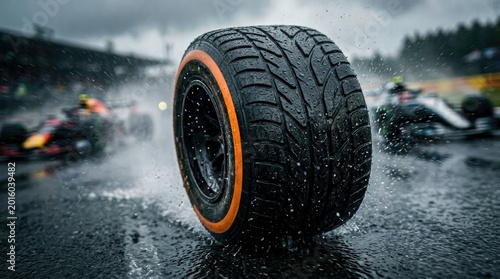 Formula racing car tire in the rain, with blurred race cars in background.