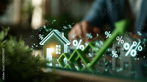 A glowing 3d house model with green upward arrows on a glass tabletop, digital houses, percentage signs, real estate investment, property value growth, housing market, mortgage