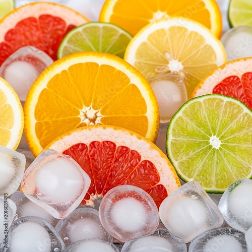 Refreshing Citrus Fruit Slices with Ice Cubes for Summer Drinks.