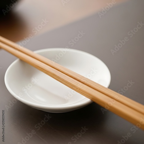 Chopsticks resting on a small white bowl on a table.