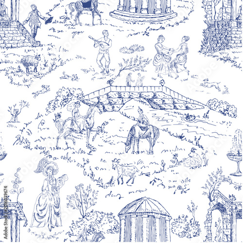Quadro su tela Ladies and gentlemen, horsewomen on horseback, dancers in a landscape with a gazebo, colonnade, bridge, sheep and goats on a lawn, blue  toile de Jouy   pattern for wallpaper, textile