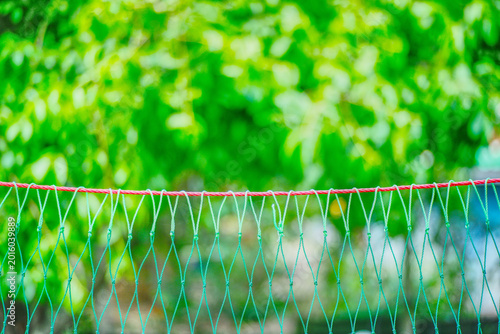 Green plastic net fence in the garden with blurred background