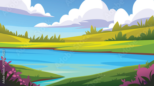 Cartoon landscape with winding river and blue sky