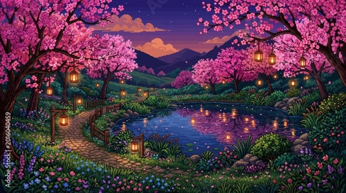 Pixel art of a magical landscape with cherry blossoms and lanterns