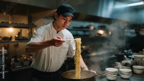 Chef preparing steaming bowl of ramen noodles in bustling kitchen