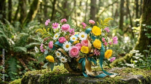 Floral Display in a Forest, Colorful Flowers, Rustic, Green, Wood, Mossy