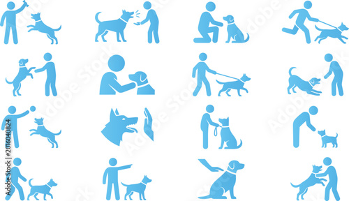 Quadro su tela dog training and interaction icons human playing with pet dog activities set