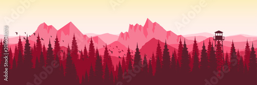 Canvas Print Minimalist red sunrise landscape background with watchtower for modern commercia