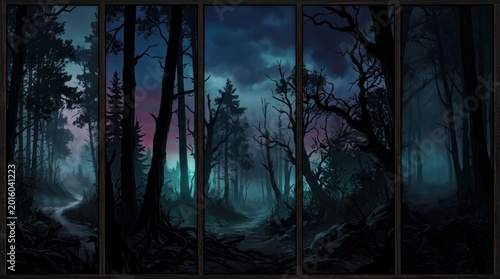 Dark forest landscape painting with ominous trees and gloomy sky, digital art.