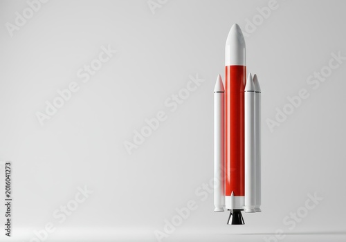 A striking white and red space rocket model standing vertically, isolated on a pure white background, symbolizing launch, science, and ambition, retro, simple, engineering