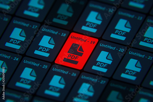 Canvastavla Red infected PDF file icon among blue ones on a digital screen