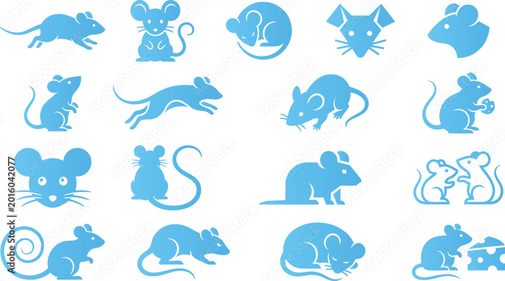 Αυτοκόλλητο Set of blue rodent icons on white background, vector collection of mice and rats for design