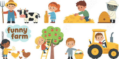 Cuadro en lienzo Large vector collection of cute cartoon children farmers working with animals tr
