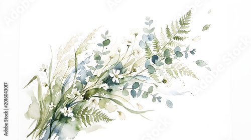 Airy Watercolor Greenery Composition PNG