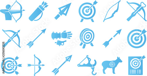 Obraz na plátně Collection of blue icons representing archery equipment, targets, and shooting actions